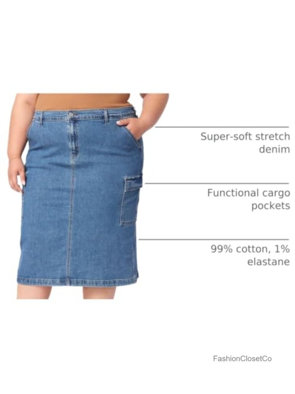 Women's Cargo Midi Skirt Mid Rise Utility Pocket Below Knee Casual - Picture 5 of 5